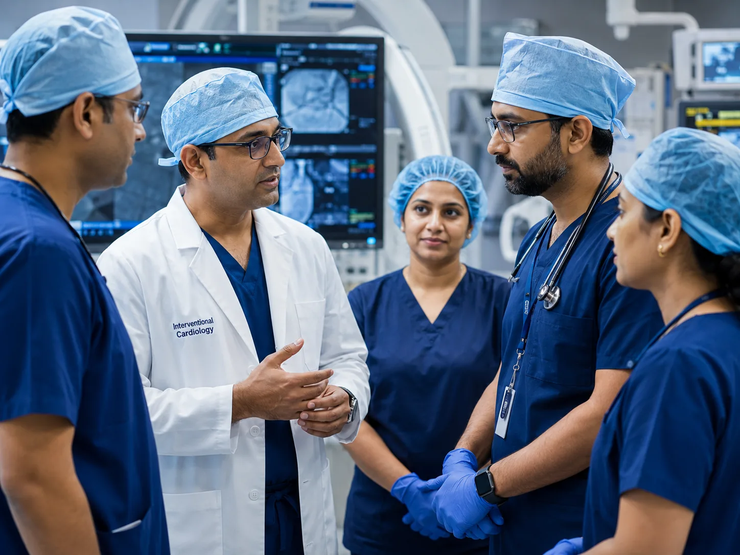 Arteria interventional cardiology team reviewing angiography imaging in the cath lab