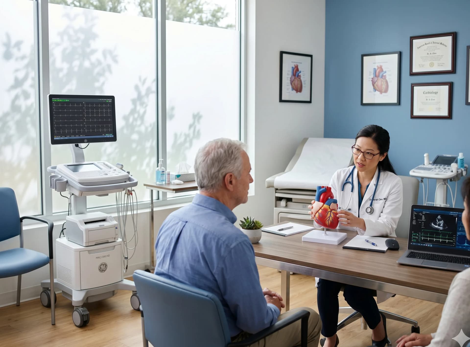 Cardiologist reviewing a heart model with a patient during consultation