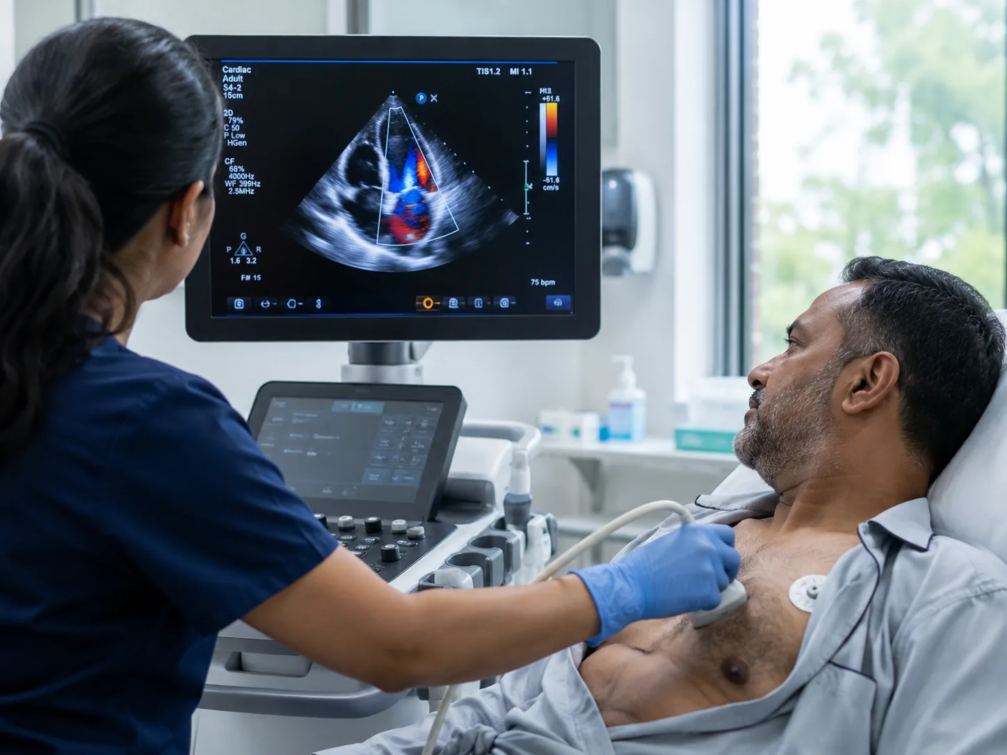 Sonographer performing a cardiac echo while the doppler scan reads out on screen